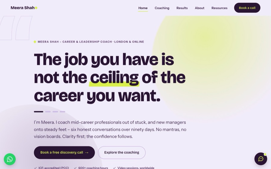 The Meera Shah Coaching template website, designed by ARTistic AI Studios