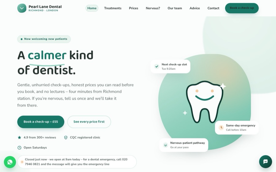 The Pearl Lane Dental template website, designed by ARTistic AI Studios