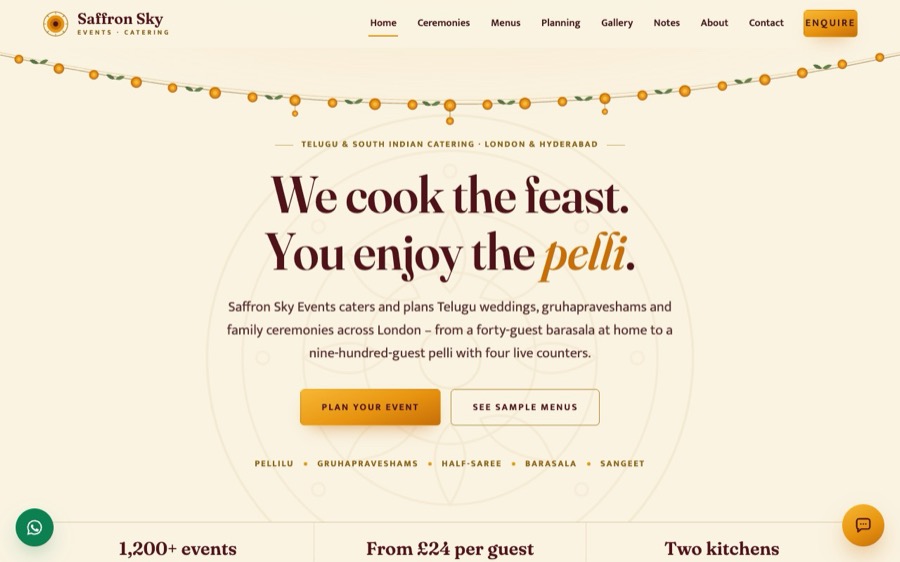 The Saffron Sky Events template website, designed by ARTistic AI Studios