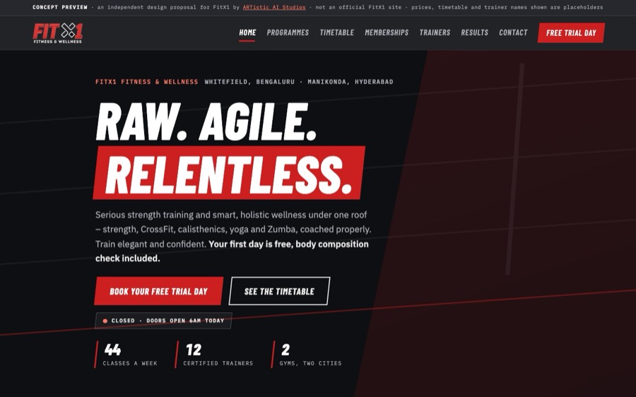 The FitX1 template website, designed by ARTistic AI Studios