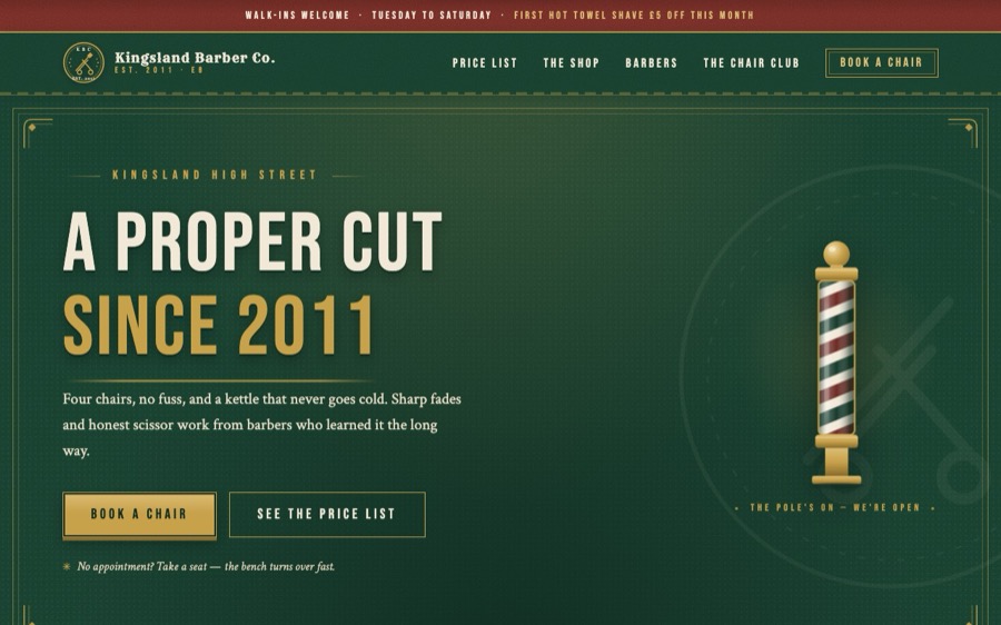 The Kingsland Barber Co. template website, designed by ARTistic AI Studios