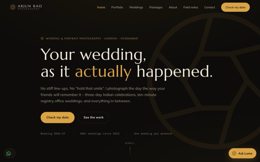 The Arjun Rao Photography template website, designed by ARTistic AI Studios