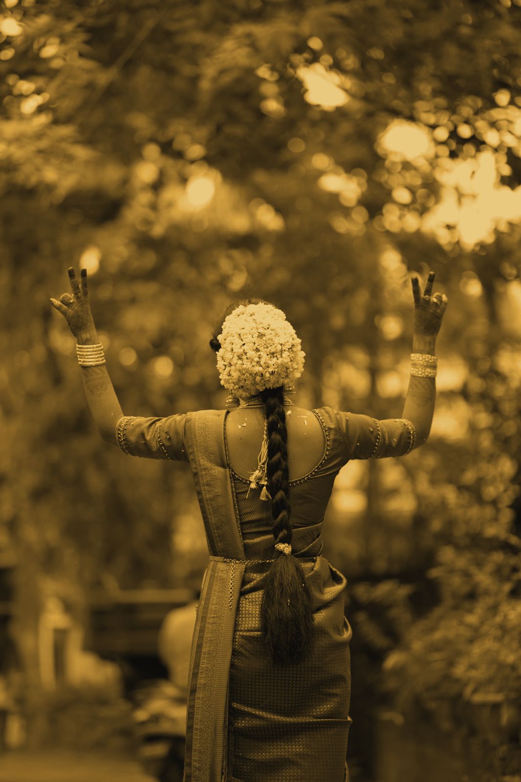 A dancer in a silk sari and jasmine gajra, arms raised mid-song, photographed from behind