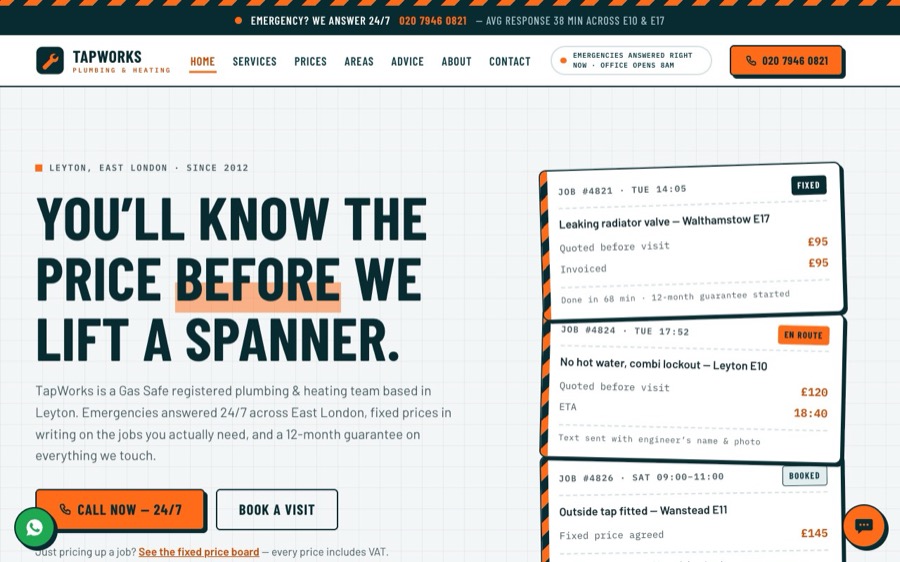 The TapWorks Plumbing & Heating template website, designed by ARTistic AI Studios
