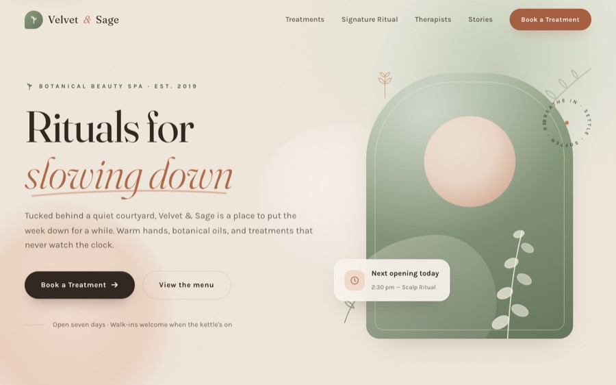 The Velvet & Sage template website, designed by ARTistic AI Studios