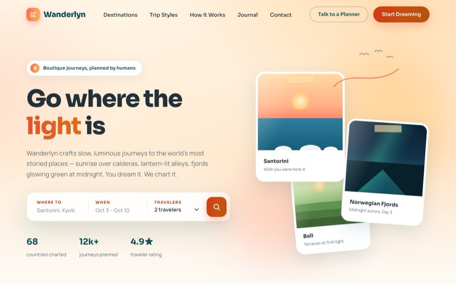 The Wanderlyn template website, designed by ARTistic AI Studios