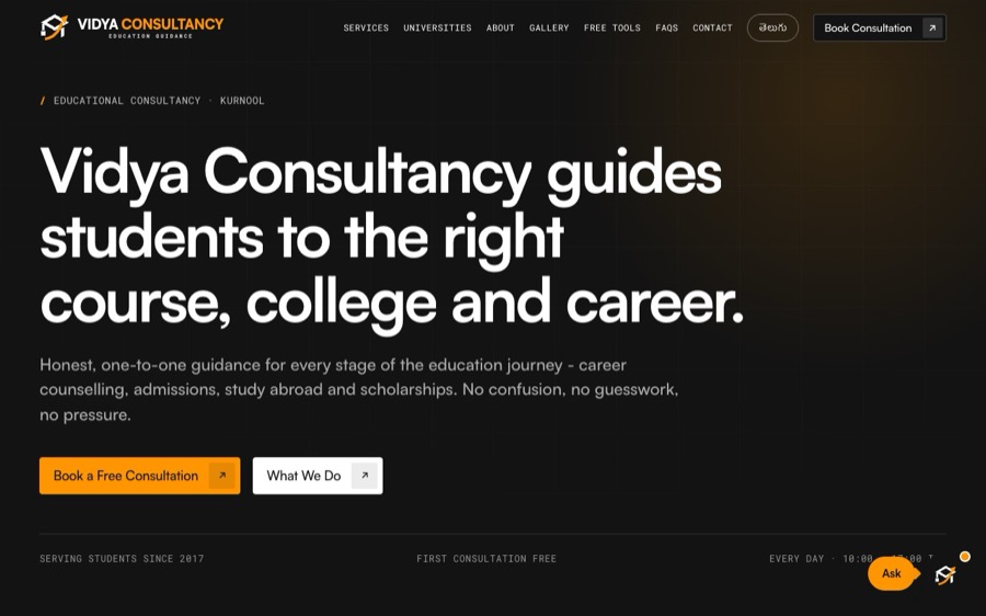 The Vidya Consultancy website, built by ARTistic AI Studios